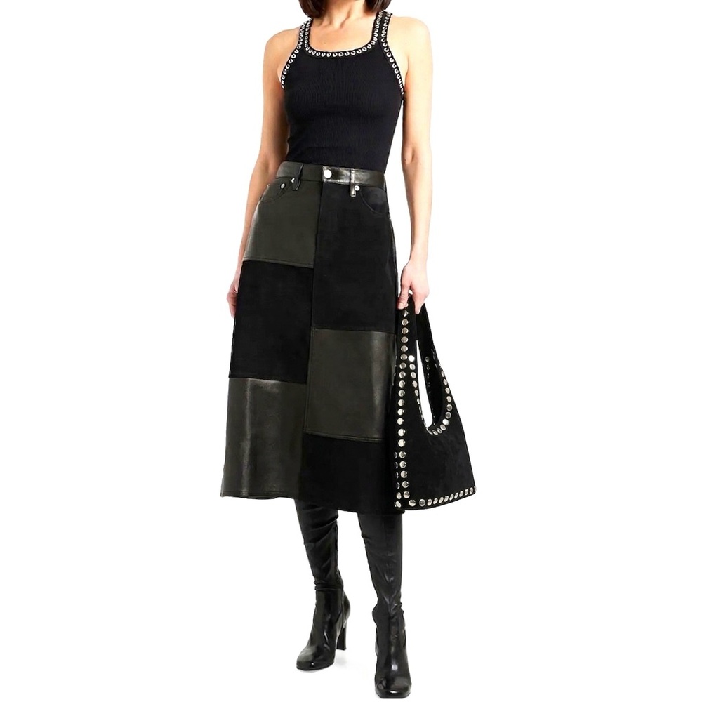 RE/DONE Mid Rise Leather & suede 27/small  Patchwork Skirt NWT - Picture 2 of 15